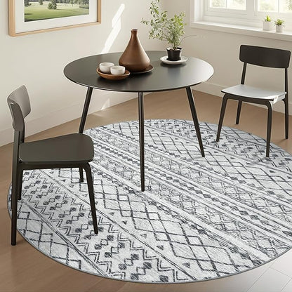 KUTA Boho Round Area Rugs 6Ft Grey Moroccan Circle Washable Rug Non-Slip, Soft Distressed Geometric Low-Pile Throw Carpet for Living Room Bedroom Nursery Dorm Decor