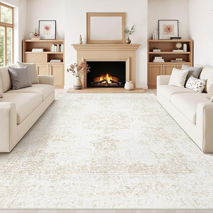 Vintage Living Room Area Rug - 8x10 Large Machine Washable Boho Moroccan Rug Distressed Farmhouse Rugs for Bedroom - Soft Non-Slip Indoor Carpet for Dining Room Office Nursery(Ivory, 8'x10')