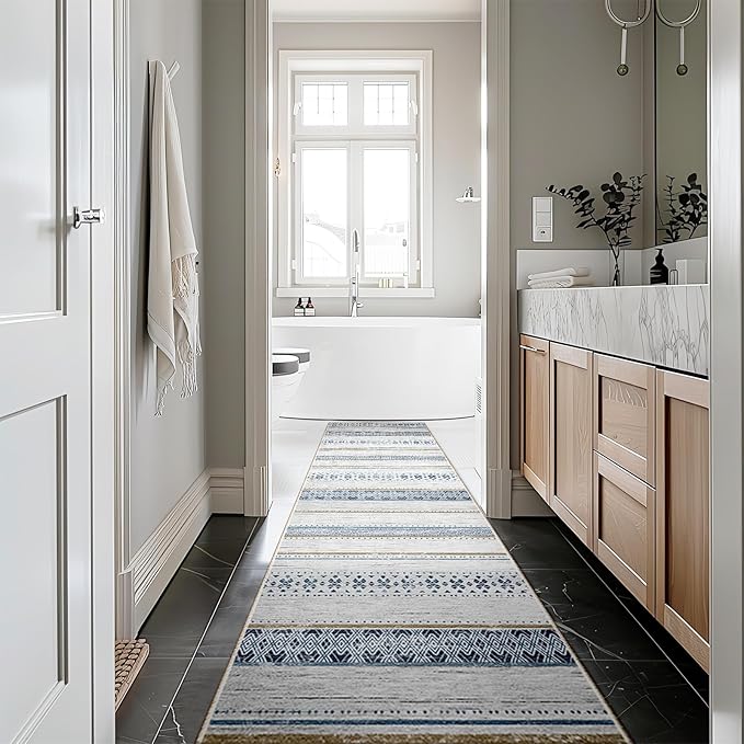 BESTSWEETIE 2x8 Area Rugs for Living Room Washable Moroccan Farmhouse Neutral Geometric Low Pile Non-Slip Soft Print Pattern Rug for Bedroom Kitchen Dining Room Entryway Blue/Brown