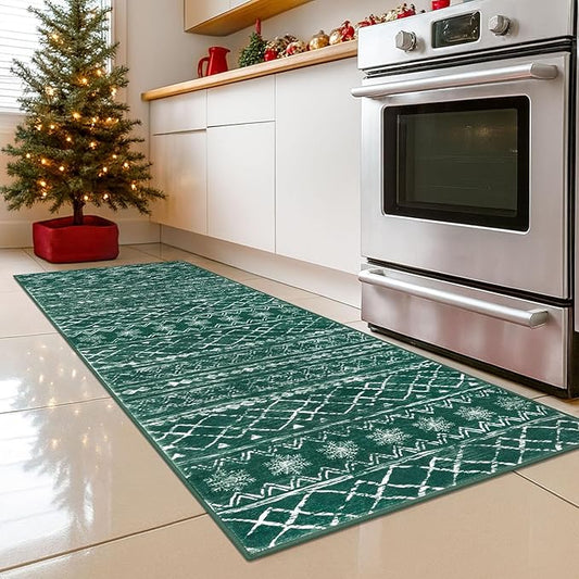 KUTA Christmas Washable Hallway Runner Rug, 2x6 Non-Slip Vintage Boho Rugs Kitchen Runners Green Ultra Soft Distressed Geometric Floor Carpet for Bedroom Laundry Living Room