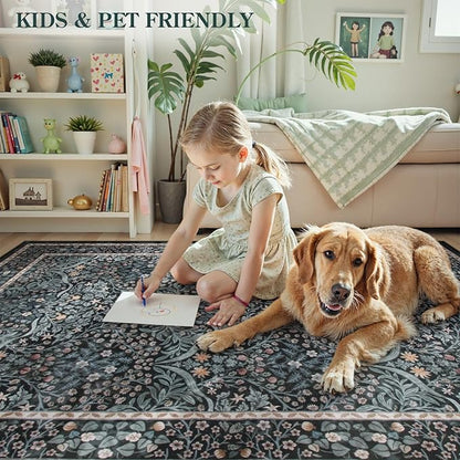 Lahome Floral Area Rugs 5x7, Soft Washable Rugs for Living Room Bedroom, Boho Non Slip Low Pile Forest Design Large Throw Carpet for Farmhouse Dining Room Office, Black