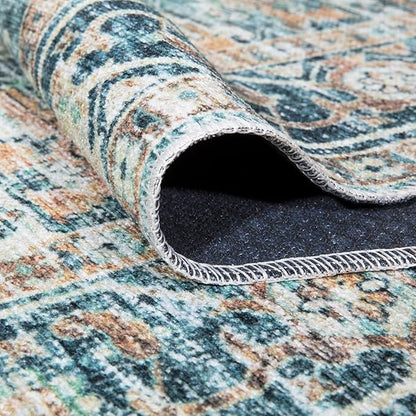 Bloom Rugs Caria Washable Non-Slip 7 ft Runner - Blue Green/Tangerine Traditional Runner for Entryway, Hallway, Bathroom, and Kitchen - Exact Size: 2'6" x 7'