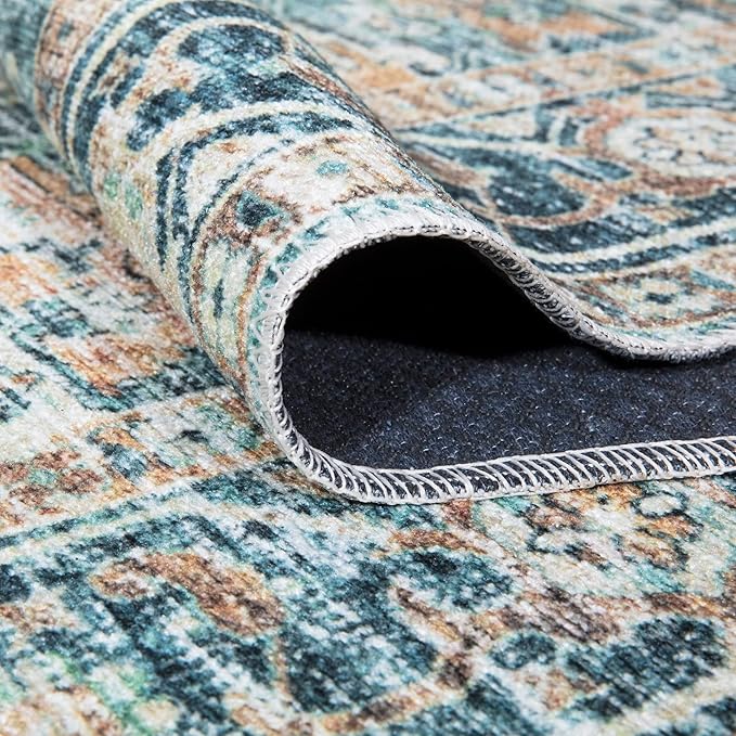 Bloom Rugs Caria Washable Non-Slip 8x10 Rug - Blue Green/Tangerine Traditional Area Rug for Living Room, Bedroom, Dining Room, and Kitchen - Exact Size: 7'8" x 10'