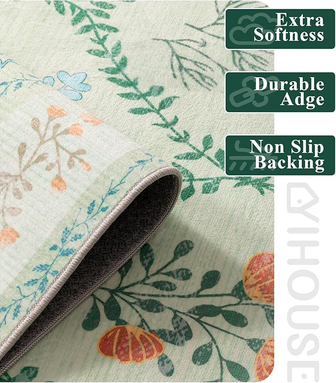 YIHOUSE Green Floral Print Rugs, Moroccan Trellis 9x12 Washable Large Rug, Modern Pastel Non Slip Ultra-Thin Area Rug for Classroom, Nursery Playroom,Dorm,Bedroom,Living Room, Green Multi