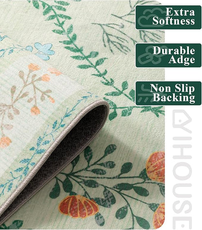 YIHOUSE Green Floral Print Rugs, Moroccan Trellis 9x12 Washable Large Rug, Modern Pastel Non Slip Ultra-Thin Area Rug for Classroom, Nursery Playroom,Dorm,Bedroom,Living Room, Green Multi