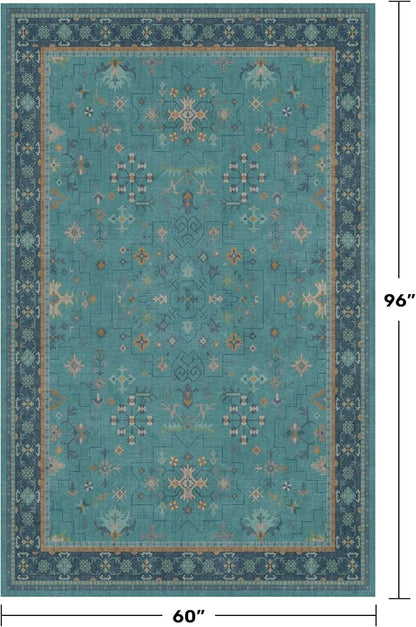 Washable 5x8 Teal Rug for Living Room, Boho Area Rugs for Bedroom Under Bed, Modern Floral Low-Pile Non Skid Carpet for Dining Room Under Table, Stain Resistant Vintage Home Décor
