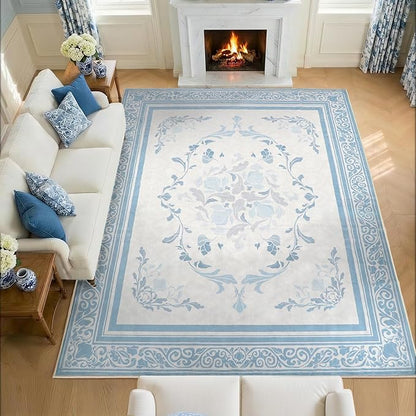 SOULFUL Medium Pile 8x10 Rugs for Living Room - Cozy Soft Underfoot Large Area Rug - Mist Blue Boho Floral - Washable Non-Slip - Perfect for Bedroom Kids Room Under Dining Table Office