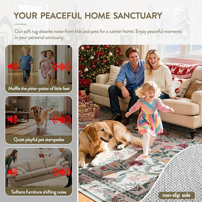 Lahome Christmas Round Rug 5ft, Washable Botanical Christmas Dining Room Decor for Under Table, Whimsical Holly Berries Circle Mats for End of Bed Coffee Table