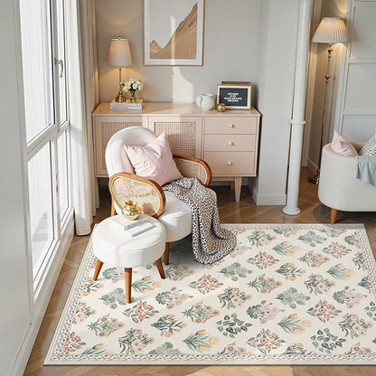 Wonnitar 5x7 Rug for Bedroom Decor, Washable Nursery Rug for Baby, Neutral Ultra-Thin Non Slip Floral Print Carpet for Kids Room Farmhouse Living Room Office, Cream Beige
