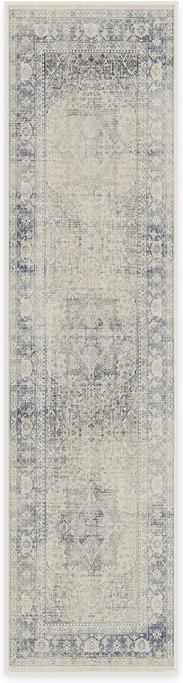 RUGGABLE Washable Vintage Runner Rug – Kamran Blue Quartz 2.5x10, Stain-Resistant, Non-Slip Hallway Runner – Machine Washable Rug for Hallway, Entryway, Living Room & Kitchen–with Standard Pad