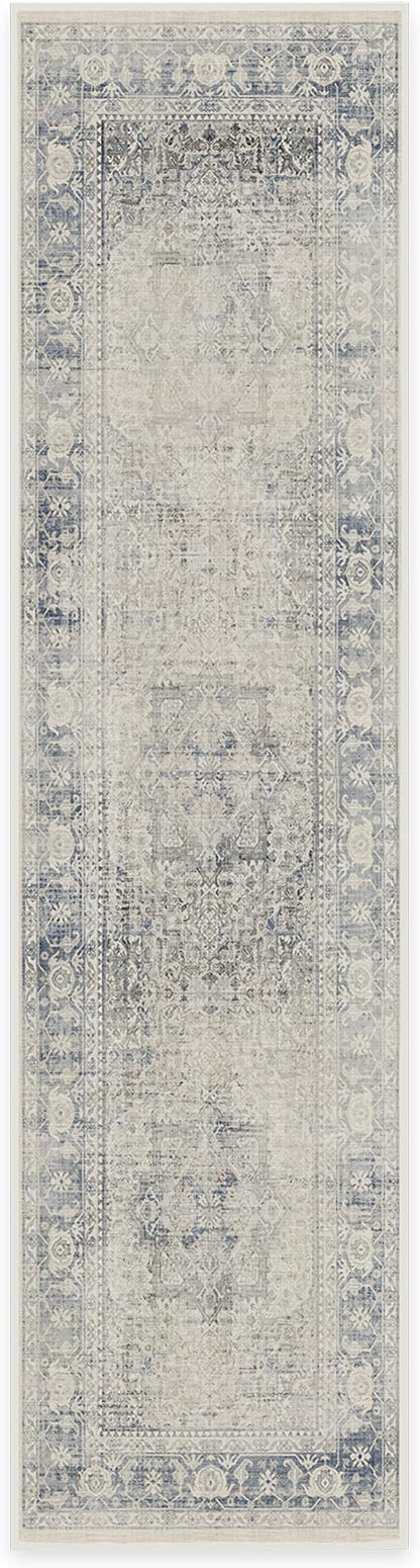 RUGGABLE Washable Vintage Runner Rug – Kamran Blue Quartz 2.5x10, Stain-Resistant, Non-Slip Hallway Runner – Machine Washable Rug for Hallway, Entryway, Living Room & Kitchen–with Standard Pad