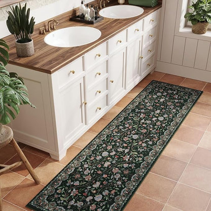 Rugcomf Vintage Paisley Kitchen Runner Rug 2'x6' - Machine Washable, Non-Slip Low Pile Floral Carpet for Laundry, Bedroom, Bathroom - Green