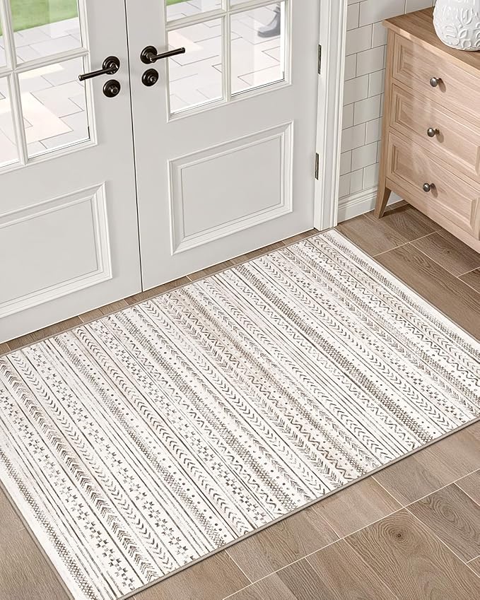 LUMI Ultra Thin Door Mat, 36x59 Non Slip Indoor Doormat Entrance Washable Rugs Entryway Oriental Vintage Soft Carpet for Kitchen Bedroom Front Door, White and Brown