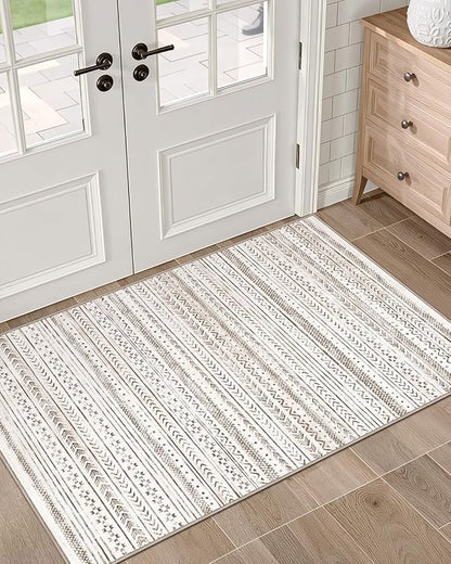 LUMI Ultra Thin Door Mat, 18x30 Non Slip Indoor Doormat Entrance Washable Rugs Entryway Oriental Vintage Soft Carpet for Kitchen Bedroom Front Door, White and Brown