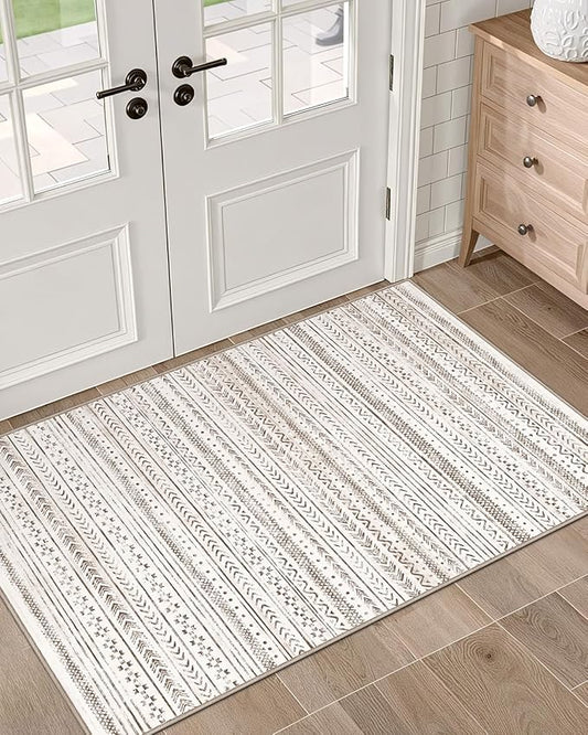 LUMI Ultra Thin Door Mat, 18x30 Non Slip Indoor Doormat Entrance Washable Rugs Entryway Oriental Vintage Soft Carpet for Kitchen Bedroom Front Door, White and Brown