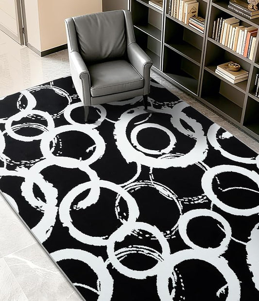 YIHOUSE Black Modern Geometric Area Rug 5x7, Black and White Rug with Abstract Circles,Non-Shedding Washable Rugs for Bedroom, Home Office and Small Living Room