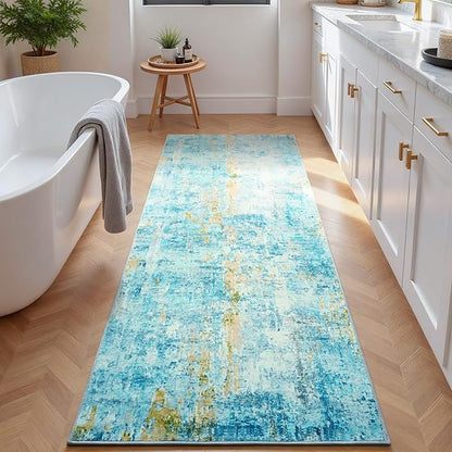 Runner Rug for Kitchen Teal Blue Hallways Runner Rug Non Slip 2'6''x8' Washable Long Runner Rugs with Rubber Backing Soft Abstract Carpet Runner for Entryway, Kitchen, Bedroom, Bathroom