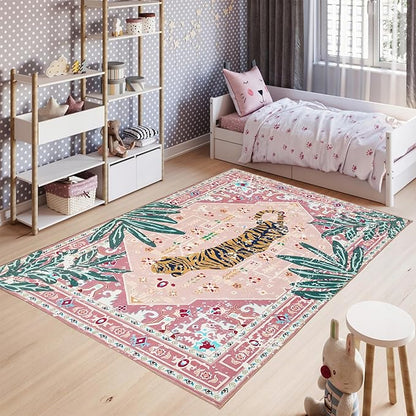 Pink Rug 4x6 Oriental Washable Non-Slip Tiger Rug Ultra Soft Vintage Print Tropical Carpet for Living Dining Playroom Nursery Camper