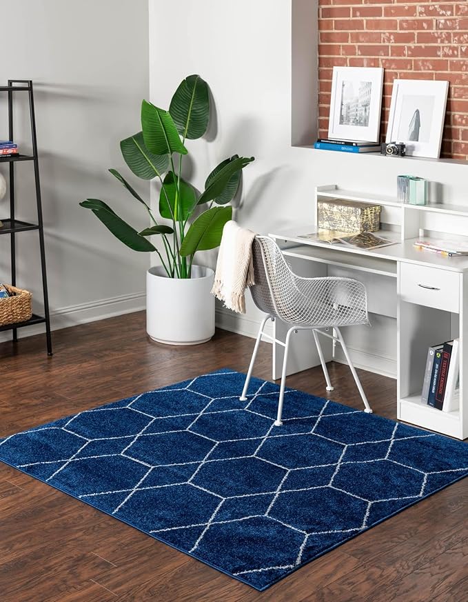 Unique Loom Trellis Frieze Collection Area Rug - Geometric (3' Square, Navy Blue/ Ivory)