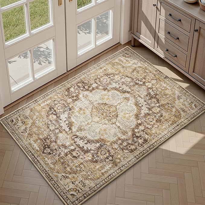 tchdio 2x3 Entryway Rug, Non Slip Front Door Mat Small Washable Rugs, Soft Low Pile Small Area Rug Vintage Doormat, Stain Resistant Rug for Entrance, Kitchen (Brown, 2'x3')