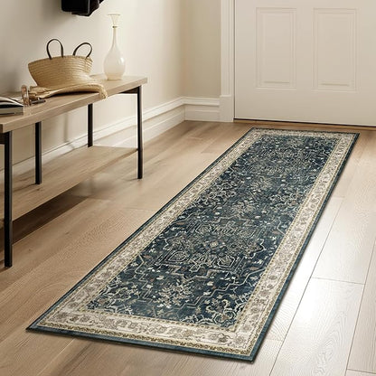 Farmhouse Entryway Rugs 2x6, Low Pile Kitchen Runners Washable Non Slip, Distressed Medallion Printed Carpet Runners for Hallway/Bathroom/Bedroom Bedside/Laundry Room, Midnight/Multi