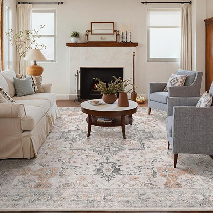 Bavni Washable Rug 4x6 Area Rug for Living Room Bedroom Dining, Washable Vintage Print Carpet, Ultra-Thin Low Pile Lightweight Rug with Non Slip Backing, Light Taupe Brown