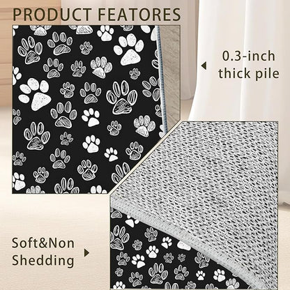 Cat Paws Black Area Rug for Living Room, Non-Slip Backing Low Pile Modern Abstract Rug for Indoor Use, 3x5 Washable Carpet