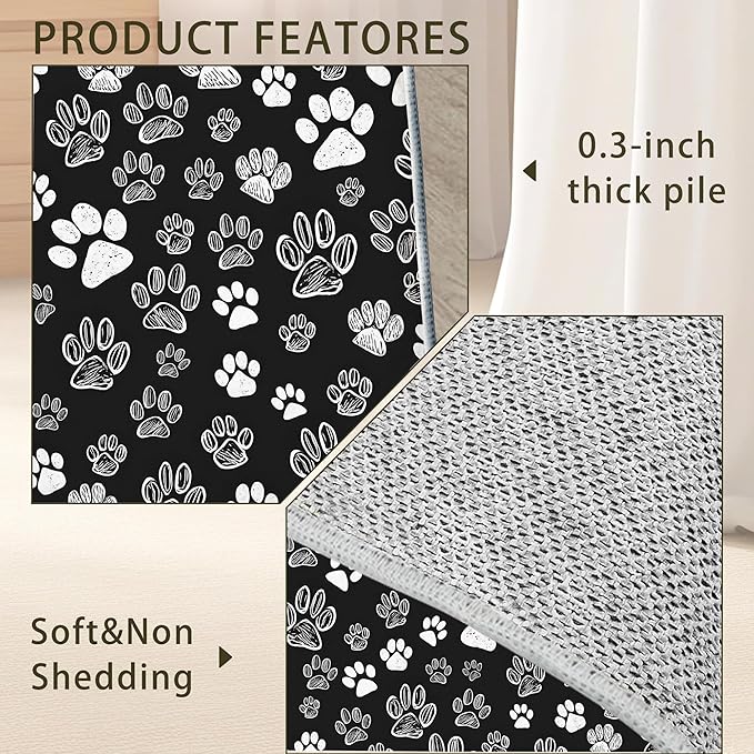 Cat Paws Black Area Rug for Living Room, Non-Slip Backing Low Pile Modern Abstract Rug for Indoor Use, 5x7 Washable Carpet