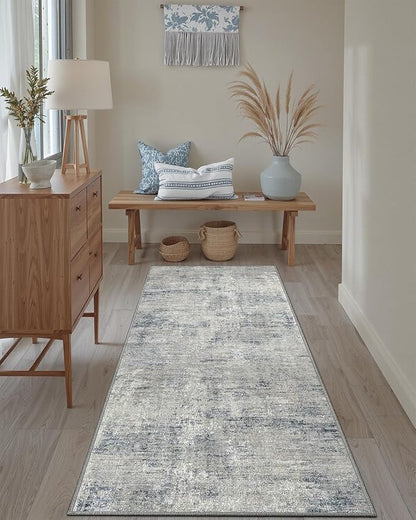 DEXI Hallway Runner Rug 3x8, Modern Abstract Non Slip Thin Soft Runners Carpet, Stain Resistant Washable Indoor Rug for Hallway Entryway Kitchen Laundry Room Living Room, Blue
