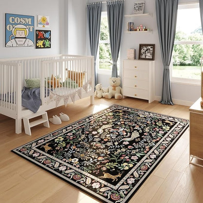 Rugcomf 9x12 Area Rugs for Living Room Washable Rug Floral Non-Slip Large Rug for Living Room, Bedroom, Farmhouse, Dining Room, Kids Playroom (Vibrant Black)