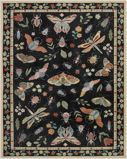 Lahome Insect 9x12 Area Rugs for Living Room Bedroom, Soft Washable Rugs 9x12 Stain Resistant, Ultra-Thin Non-Slip Non-Shedding Accent Carpet for Dining Room Office, Black