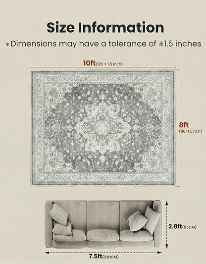 Marsail 8x10 Machine Washable Area Rug,Soft & Slip-Resistant, Vintage Floral Short-Pile with Reinforced Bound Edges, Large Rug for Living Room, Dining Room, Bedroom,Light Grey