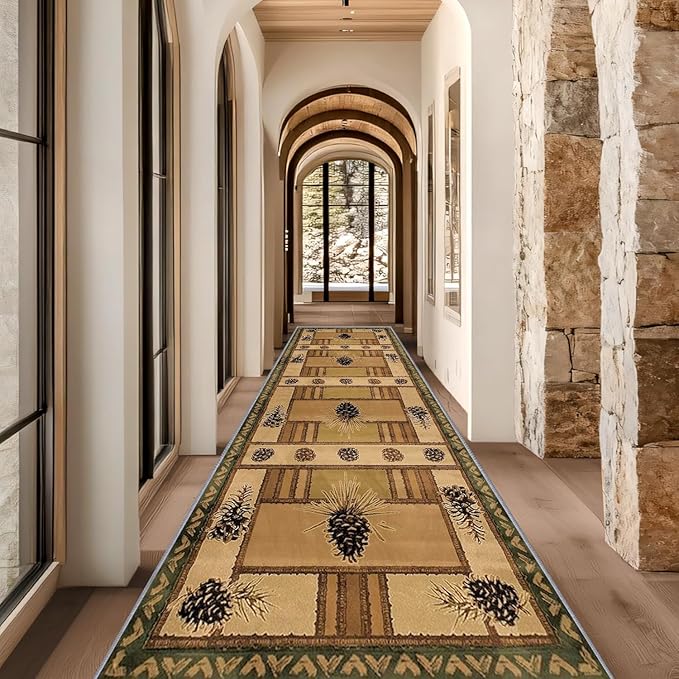 Pinecone Runner Rug, 4x10ft Rustic Country Style Hallway Runner Rug - Corridor & Foyer Area Rugs, Washable Non-Slip Mat, Country Home Decor Carpet for Indoor Living Room Hallway Spaces
