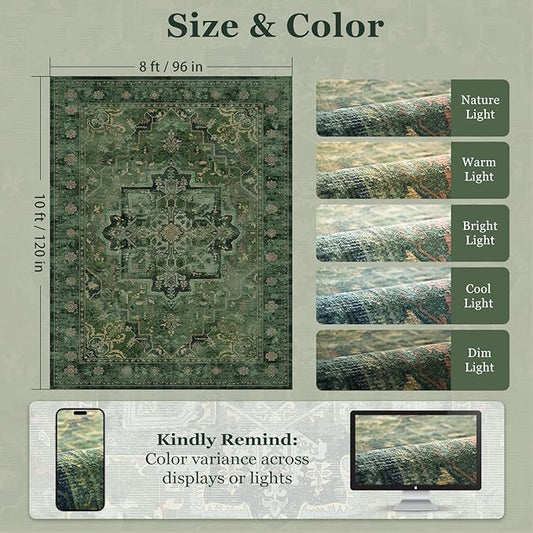 Tranditional Dark Green 8x10 Rugs for Living Room Bedroom, Washable Non Slip Low Pile Thin Dining Room Rugs for Under Table, Distressed Medallion Pattern Printed Soft Carpet for Guest Room
