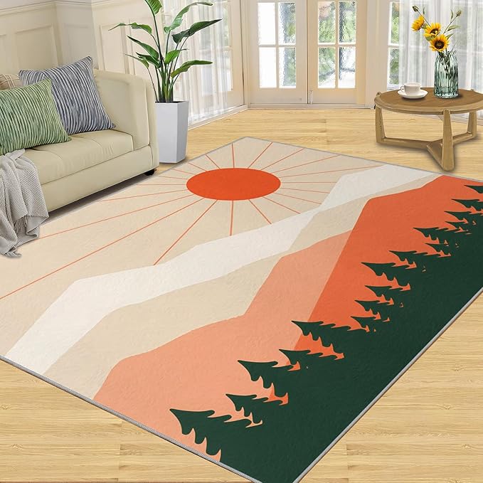 Boho Sun Area Rugs 3x4ft, Minimalist Mountain Kids Bedroom Rug, Abstraction Deco Bedside Rug Durable Non Slip for Cafe Living Room Under Table Boys Room Decor