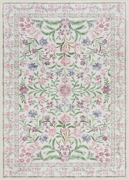 Wonnitar Floral Purple Rug for Bedroom, Washable 5x7 Area Rugs for Dorm, Boho Soft Non Slip Ultra-Thin Indoor Floor Carpet for Kids Room Nursery Living Room Classroom, Light Purple/Pink