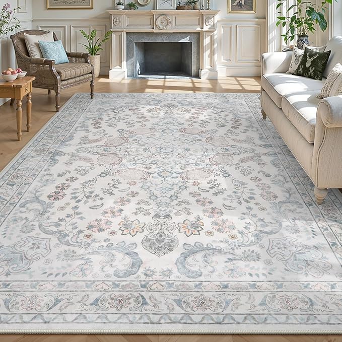 Wonnitar Floral 8x10 Washable Rug, Blue Rug for Bedroom Nursery Decor, Ultra-Thin Large Non-Slip Soft Boho Vintage Distress Print Carpet for Living Room Kids Playroom Office