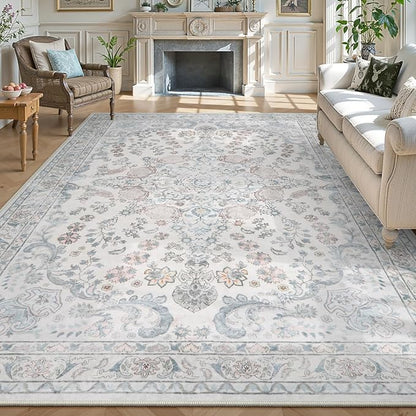 Wonnitar Floral 8x10 Washable Rug, Blue Rug for Bedroom Nursery Decor, Ultra-Thin Large Non-Slip Soft Boho Vintage Distress Print Carpet for Living Room Kids Playroom Office