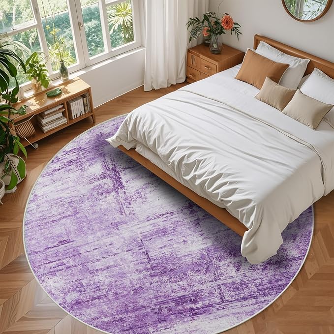 Round 6ft Abstract Rug, Modern Washable Indoor Circle Area Rugs for Living Room, Soft Large Circular Non-Slip Carpet Floor Mat for Bedroom Dining Room Home Office - Abstract Purple
