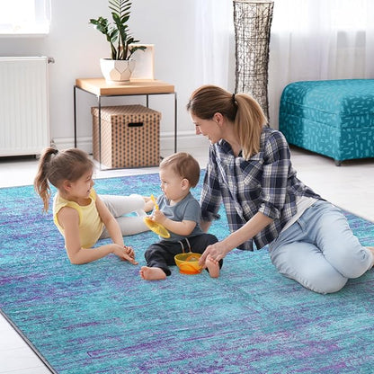 Abstract 6x9 Area Rug, Modern Teal Purple Throw Rugs for Living Room, Washable Soft Large Non-Slip Accent Carpet Floor Mat for Dining Room Office Bedroom - Teal+Purple