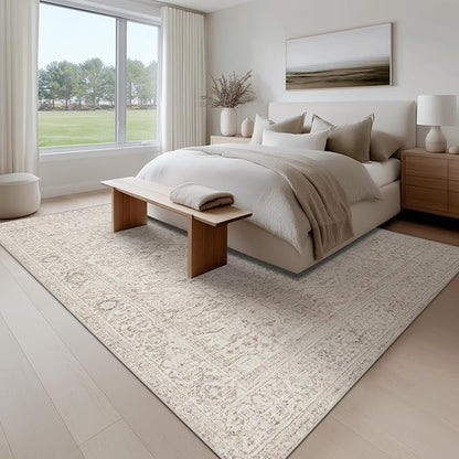 Fmfunctex 9x12 Washable Area Rug Beige Vintage Neutral Distressed Oriental Large Non Slip Carpet for Living Room Bedroom Soft Low Pile Indoor Mat Retro Throw Rug for Dining Room Kitchen Office Nursery