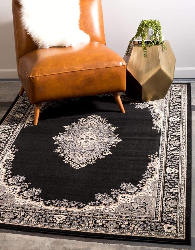 Unique Loom Reza Collection Traditional Persian Style Area Rug, Rectangular 5' 0" x 8' 0", Black/Beige