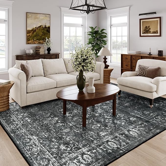 Lahome 8x10 Area Rugs for Living Room Washable Rugs 8x10 Black Large Rug Indoor Carpet, Vintage Distressed Rug Soft Non Slip Area Rug for Bedroom Dining Room Home Office(8 x 10, Black/Grey)