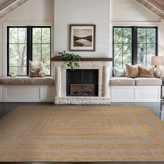 Beverly Rug Easy Jute Framed Border Rug 10x14 Washable Large Indoor Outdoor Area Rugs for Living Dining Room Patio Office Stain Resistant Non Shedding Casual Indoor Outside Carpet 10 x 14 Natural