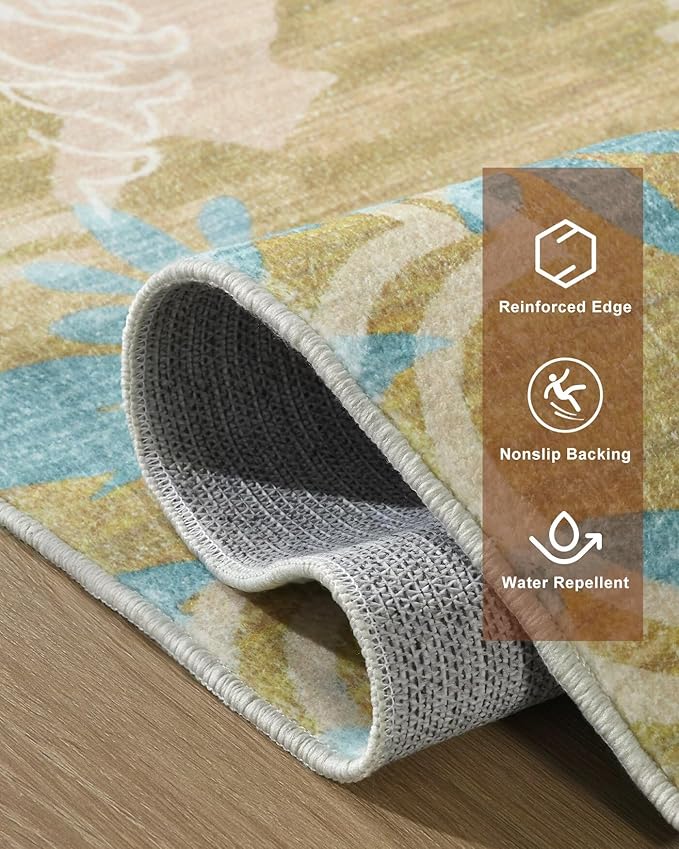 Washable Abstract Rug, 9x12 Willow Green and Blue Floral Area Rugs with Non-Slip Rubber Backed for Living Room, Low Pile Modern Throw Carpet Bedroom Dining Room Decor