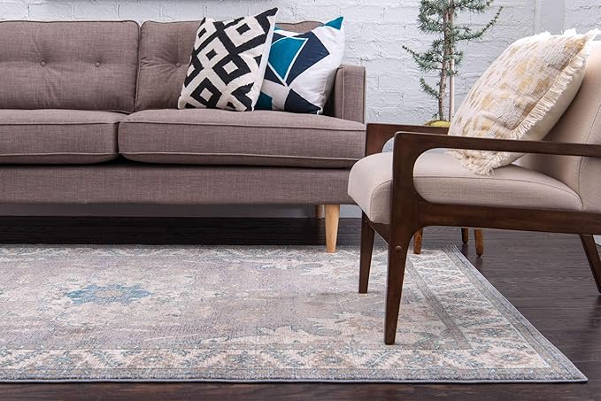 Unique Loom Salzburg Collection Classic Traditional Design Oriental Inspired Border Area Rug (7' 0 x 10' 0 Rectangular, Gray/Beige)
