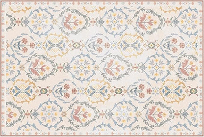 Phantoscope Washable Area Rug 6'x9' Non-Slip, Vintage Floral Boho Rugs for Living Room, Bedroom, DiningRoom, Soft Botanical Moroccan Pattern, Low-Pile Foldable Floor Carpet, Ivory Pink/Boho Garden