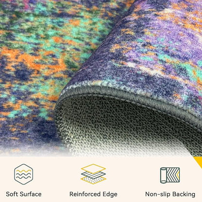 Washable Area Rugs 2'x10' Non-Slip Modern Abstract Soft for Living Room Entryway Bedroom Nursery, Print Pattern, Purple Orange Blue Green Rust Red Colorful