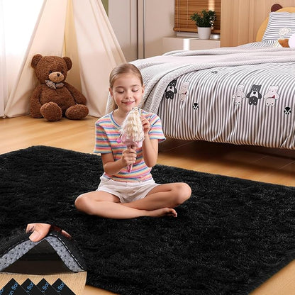 4x6 Black Rug for Bedroom Living Room, Fluffy Small Area Rug Soft Shag Carpet for Kids Boys and Girls Room with 4 Rugs Non-Slip Stickers Dorm Home Decor (4ft x 6ft)