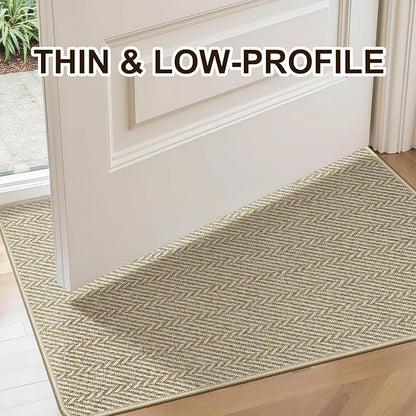 Ultra Thin Door Mat Indoor Entrance 17"x29", Low-Profile Indoor Door Mat, Non Slip Entry Mat Rubber Backing Unique Herringbone Design Inside Doormat Dirt Trapper Entryway Mats, Beige